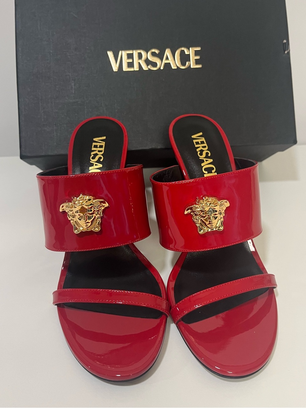Versace Red Patent Leather Medusa Slip-On Mules with Gold Accent